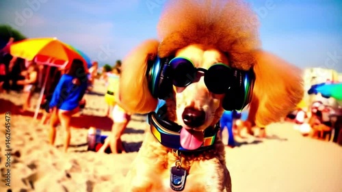 Poodle in sunglasses and headphones wearing yellow shirt at beach party, vivid colors and people around. Concept of fun-loving pet personality