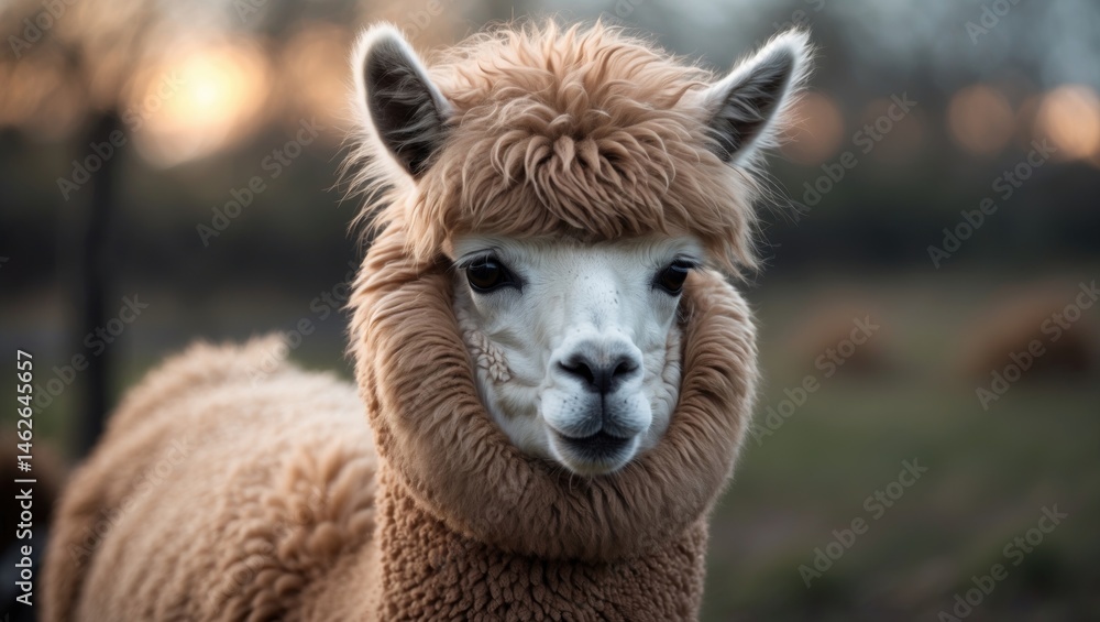 Obraz premium Adorable young alpaca face with curly hair against a nature background