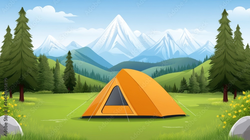 Tranquil Camping Scene with Orange Tent and Majestic Mountain Background