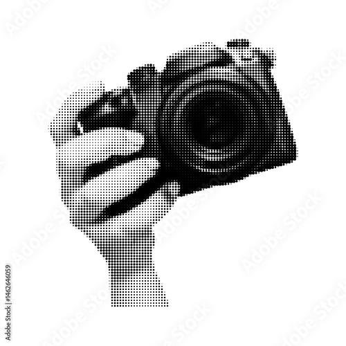 hand holding mirrorless camera isolated. retro dotted halftone element for various designs. Vector illustration