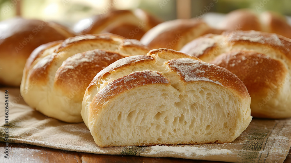 Freshly baked golden crusted bread loaves on rustic wooden table Freshly baked golden crusted bread loaves on rustic wooden table