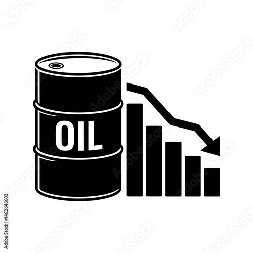 Oil Barrel and Declining Economic Trends: A stark visual representation of economic downturn. An oil barrel and a declining graph, symbolising falling commodity prices and economic instability.
