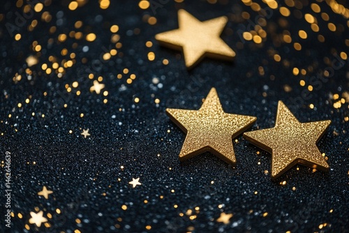 three gold stars on a black background with sparkles and stars