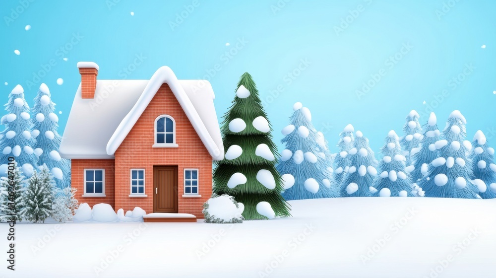 Snowy Winter Scene with Cozy House and Festive Christmas Tree