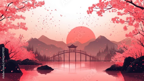 Serene Landscape with Cherry Blossoms and Sunset at Tranquil Bridge