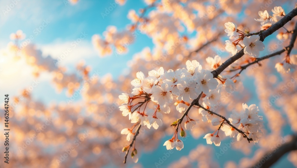Fototapeta premium Cherry tree branches with white blooms in sunlight