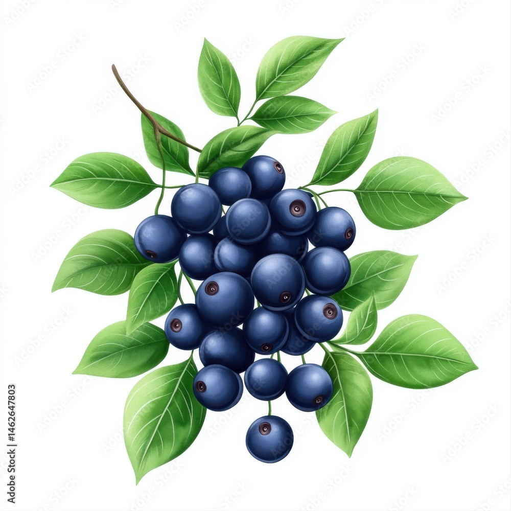 Fresh Blueberries with Green Leaves on a White Background for Healthy Lifestyle