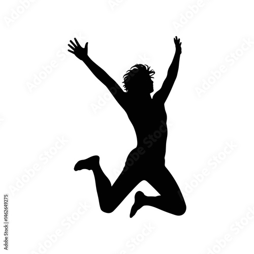 Joyful Silhouette: A captivating silhouette of a person, arms triumphantly raised, leaping with pure unadulterated elation against a clean and uncluttered backdrop.