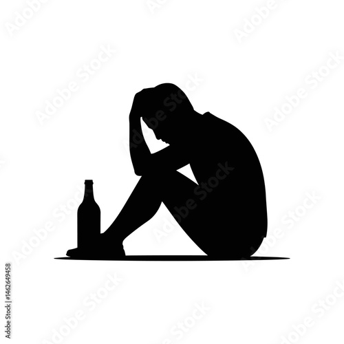 Lonely Silhouette: A silhouette of a person hunched in despair, beside a bottle, capturing the poignant essence of isolation and the weight of struggles.