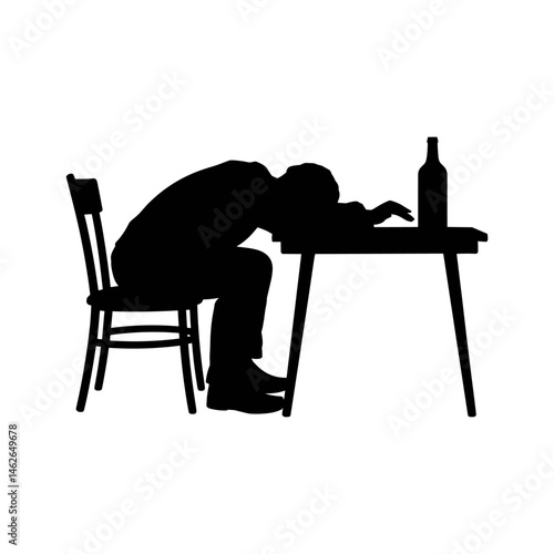 The Weight of the Day: A stark silhouette of a lone individual slumped over a desk,  a bottle of alcohol nearby, portraying the heavy burden of stress and fatigue.