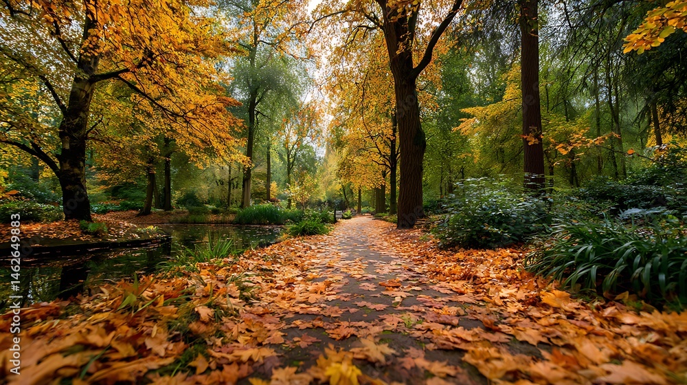 Autumn path with fallen leaves and golden trees Autumn path with fallen leaves and golden trees