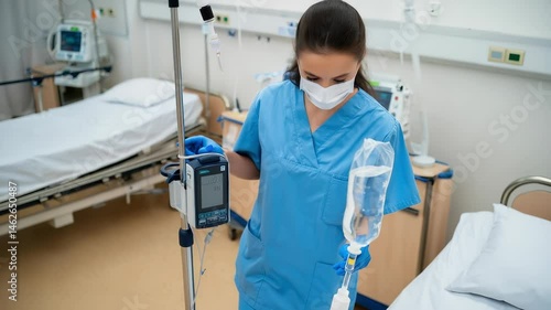 Female medical professional wearing surgical mask and gloves is adjusting infusion pump settings while holding iv drip bag in hospital ward