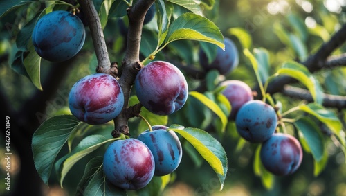 Juicy purple plums ripening on a tree branch amidst garden foliage