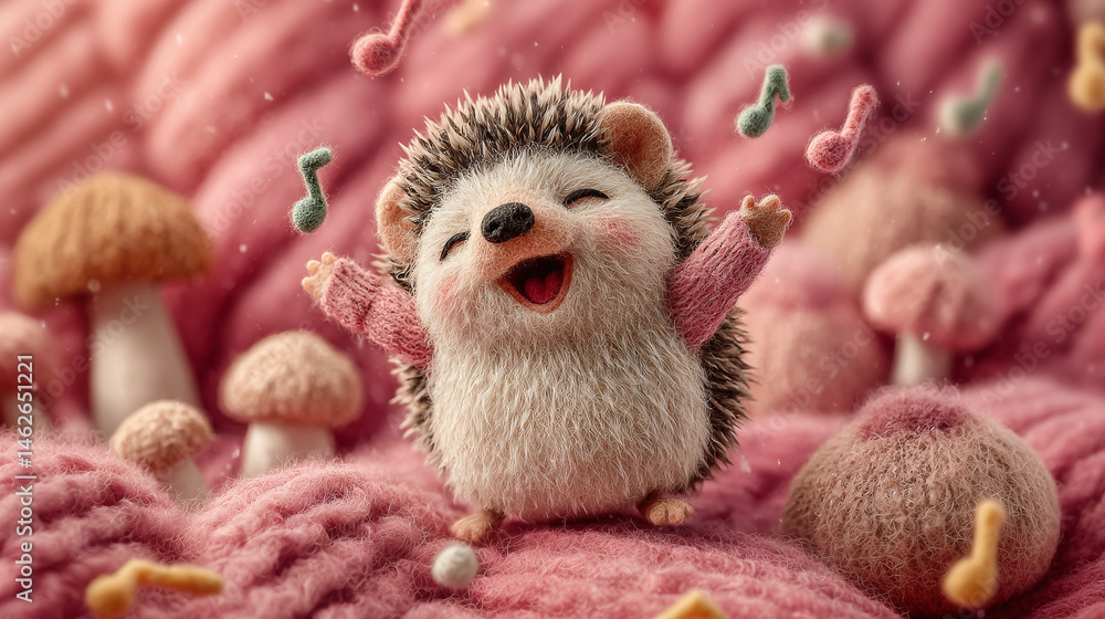 Cheerful cartoon hedgehog sings with musical notes. Playful happy hedgehog singing, joy expression. Illustration features cute character in whimsical atmosphere of fun, creativity, adorable design Cheerful cartoon hedgehog sings with musical notes. Playful happy hedgehog singing, joy expression. Illustration features cute character in whimsical atmosphere of fun, creativity, adorable design