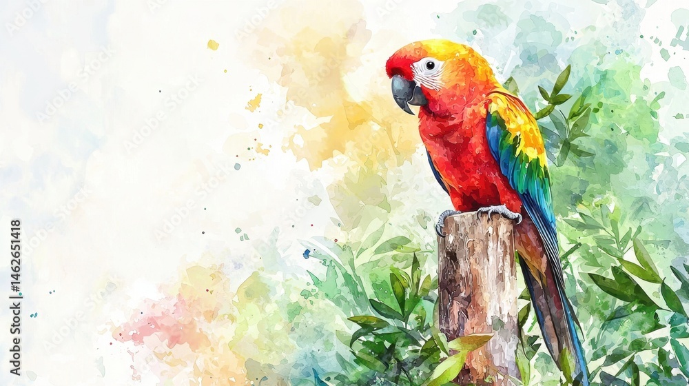 Obraz premium A colorful parrot sits atop a wooden stump, surrounded by lush green leaves. The bright colors of the parrot contrast beautifully with the soft background hues, creating a lively atmosphere