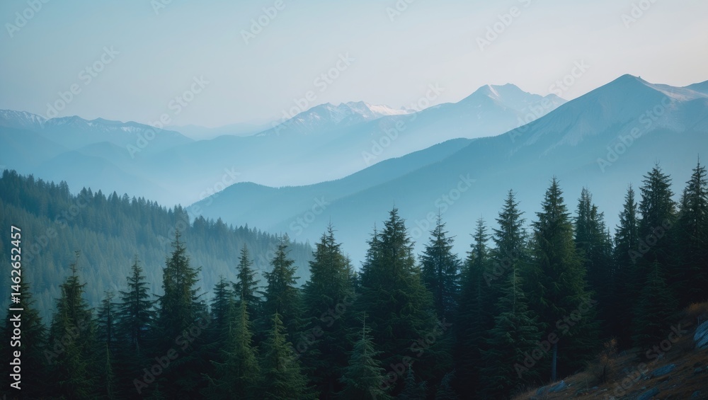 Beautiful mountain panorama including fir trees and mountain peaks Beautiful mountain panorama including fir trees and mountain peaks