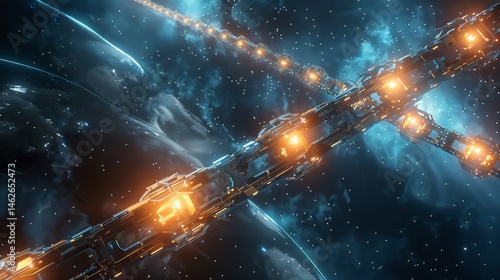 Fototapeta Naklejka Na Ścianę i Meble -  Futuristic space station construction floating amidst a nebula of cosmic light