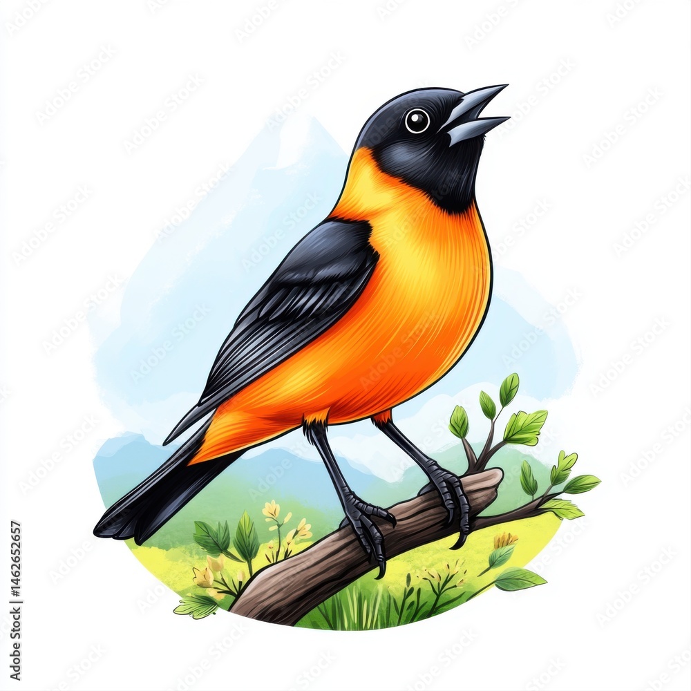 Vibrant Orange and Black Bird Singing on a Branch in Nature Scene
