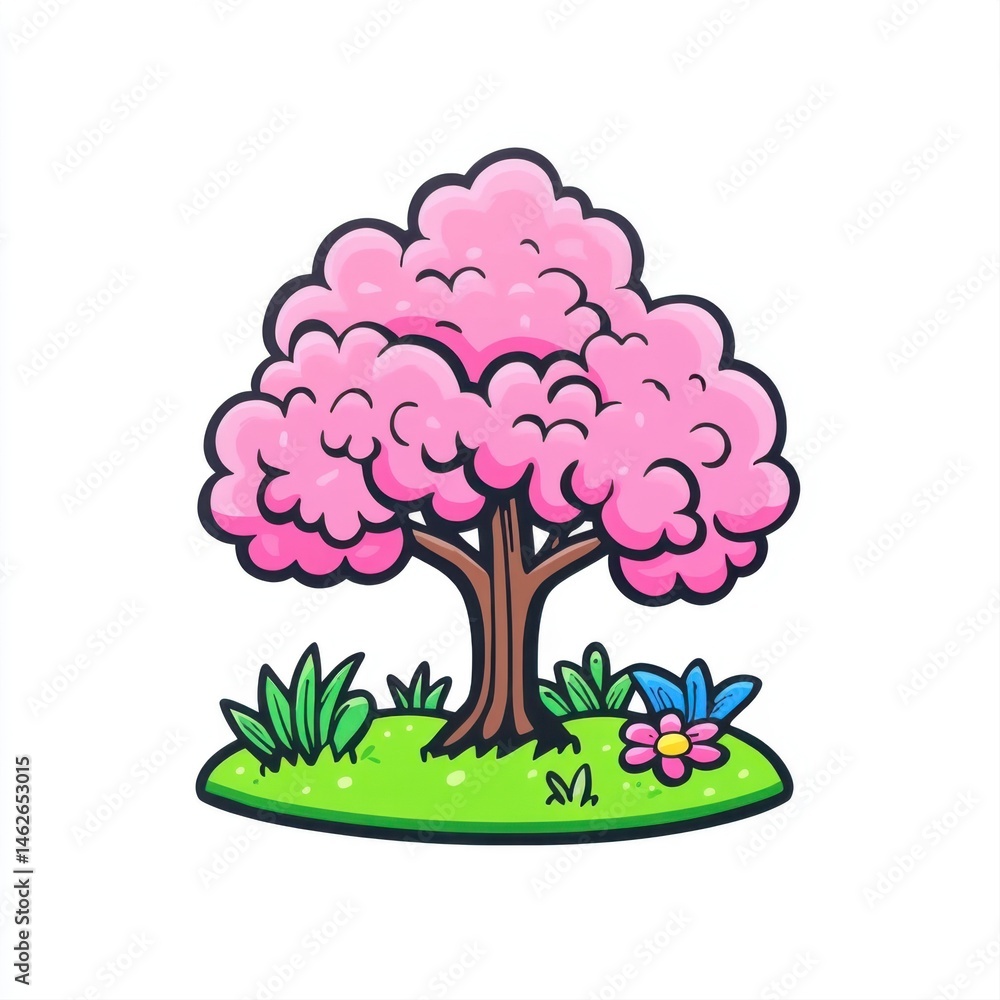 Vibrant Pink Blossom Tree Surrounded by Grass and Colorful Flowers