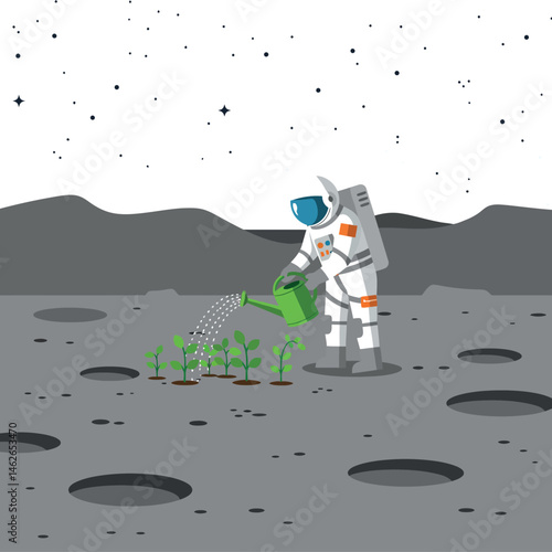 Astronaut watering plants on moon surface with stars in background vector illustration 