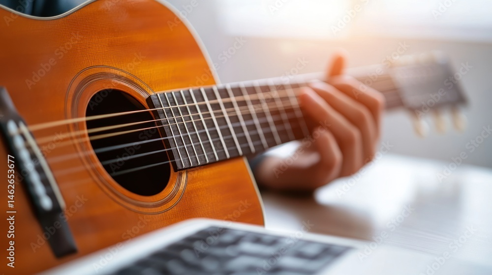 Fototapeta premium Acoustic guitar playing close up musical instrument detail shot