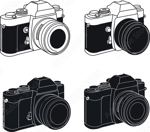 Vintage camera illustrations with black and white details in vector format 