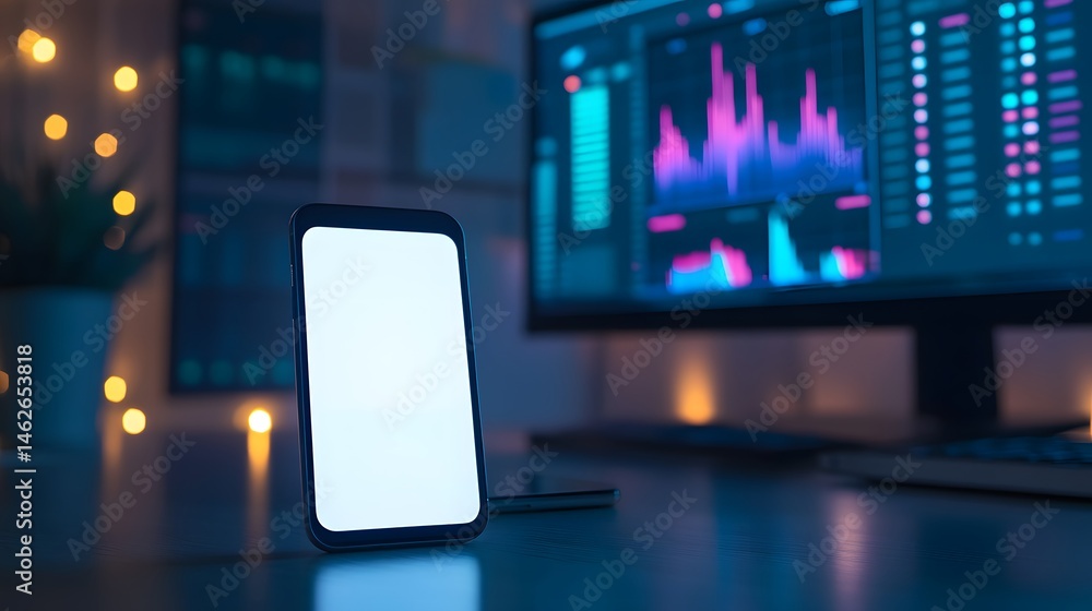 Fototapeta premium A cellphone with a white screen beside a monitor screen in the background showing graphs. smartphone mockup