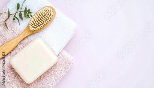 Organic bathing essentials natural soap and eco-friendly brush on soft towels tranquil bathroom setting minimalist aesthetics