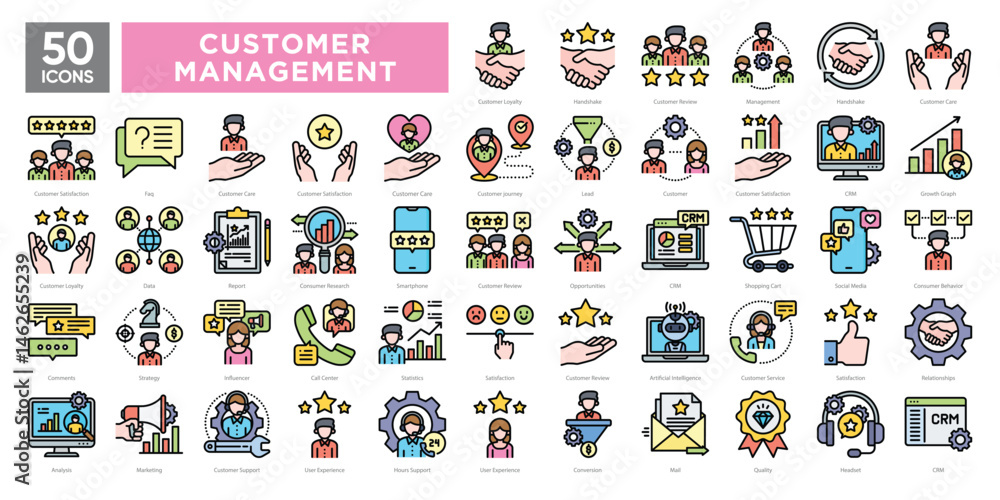 Fototapeta premium Customer relationship management icons collection set, featuring support, loyalty, analytics, communication, and user experience. Ideal for CRM systems, marketing, and business tools.
