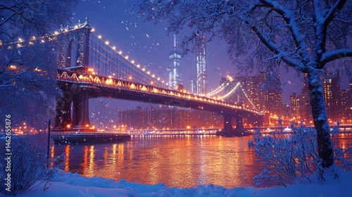 Manhattan Bridge Winter View with Snowfall and City Lights