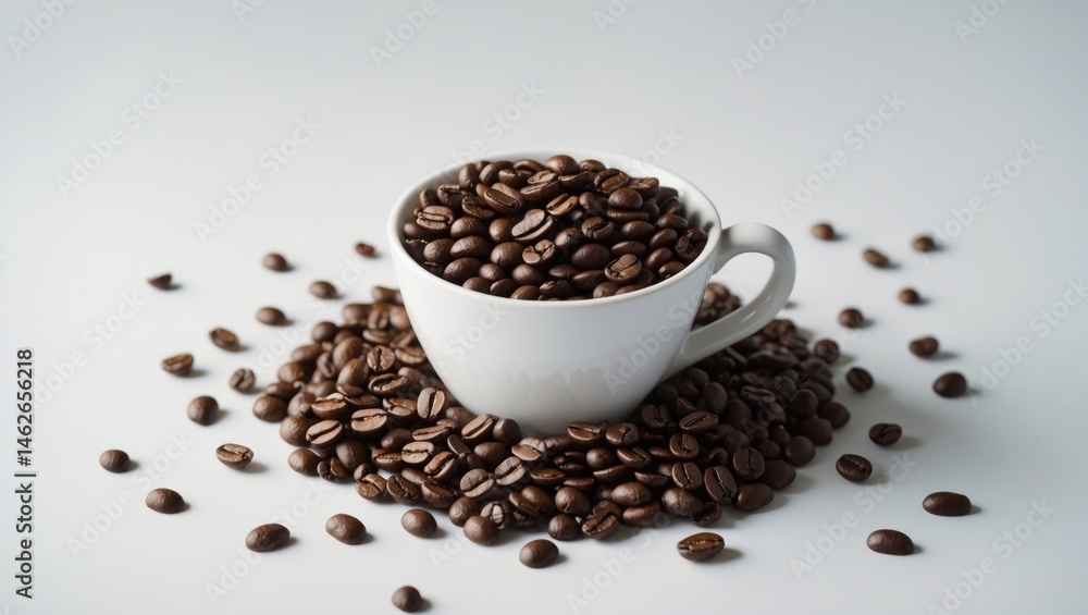 A white cup on a bed of coffee beans, showcasing the essence of fresh coffee and practicality. Perfect for advertising, take-out services, and cultural themes. A white cup on a bed of coffee beans, showcasing the essence of fresh coffee and practicality. Perfect for advertising, take-out services, and cultural themes.