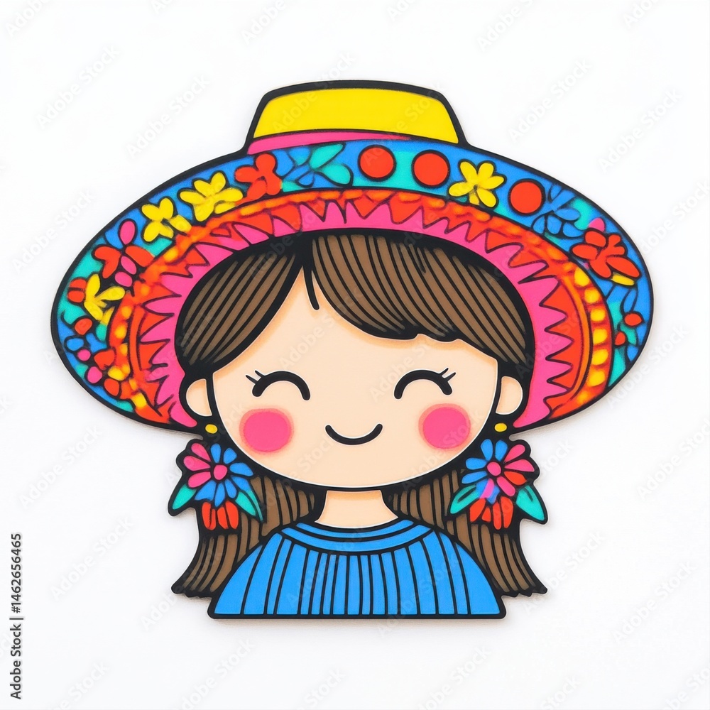 Colorful Design of Smiling Girl with Traditional Hat and Floral Accents