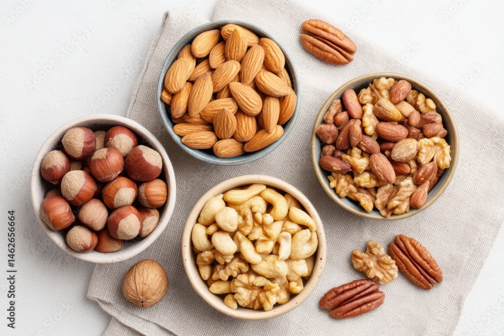 Assorted nuts in bowls on a beige cloth, featuring almonds, hazelnuts, walnuts, and pecans, showcasing healthy snacks and natural textures for culinary inspiration Assorted nuts in bowls on a beige cloth, featuring almonds, hazelnuts, walnuts, and pecans, showcasing healthy snacks and natural textures for culinary inspiration