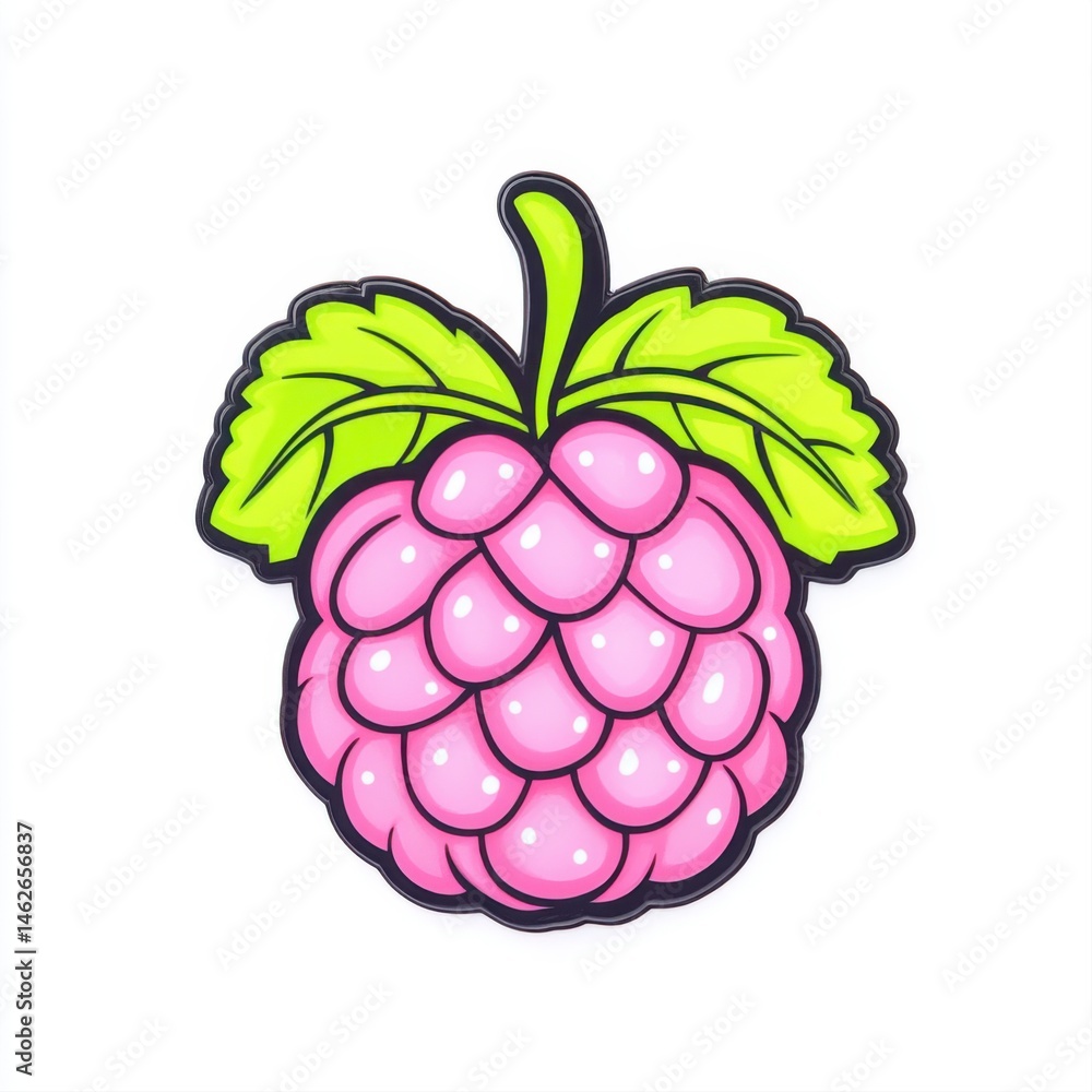 Colorful Cartoon Raspberry Icon with Bright Green Leaves and Glossy Finish