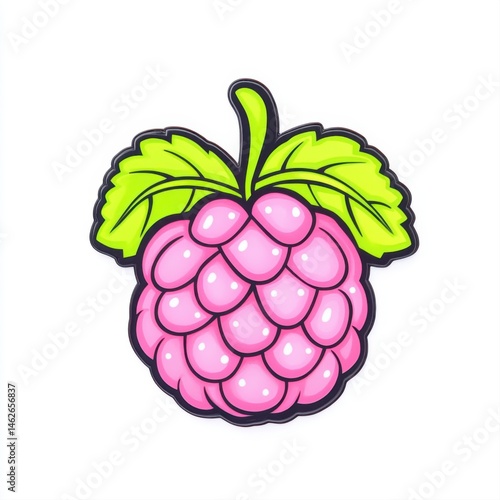 Obraz na płótnie Colorful Cartoon Raspberry Icon with Bright Green Leaves and Glossy Finish w salonie