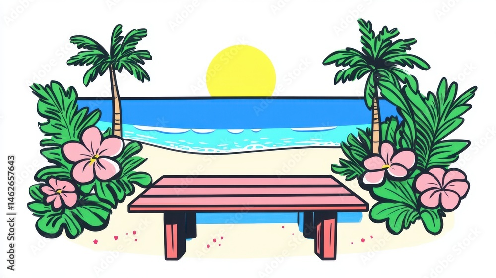 Serene Tropical Beach Scene with Sand, Sun, and Lush Green Plants