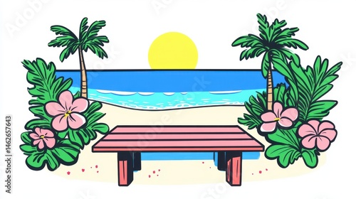 Obraz na płótnie Serene Tropical Beach Scene with Sand, Sun, and Lush Green Plants w salonie