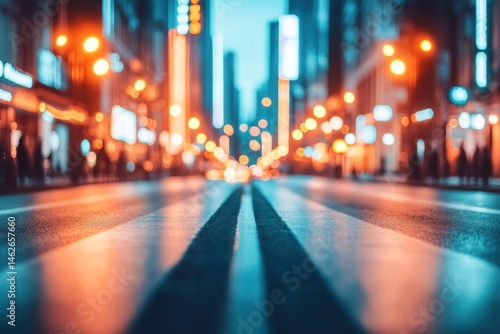 City street at night, vibrant lights, blurred pedestrians, urban scene, background for design