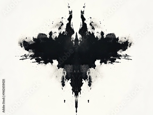 Symmetrical ink blot design on white background.  Dark ink forms a symmetrical, bird-like shape, with splatter details