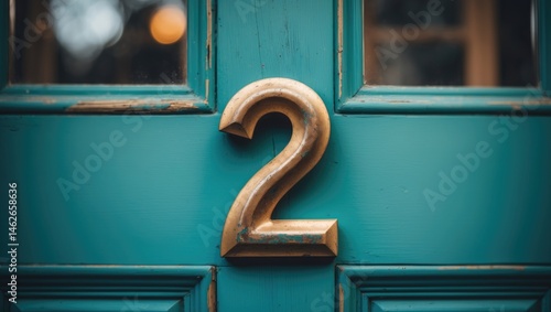 Old-style house number two with metal number on wooden entrance door