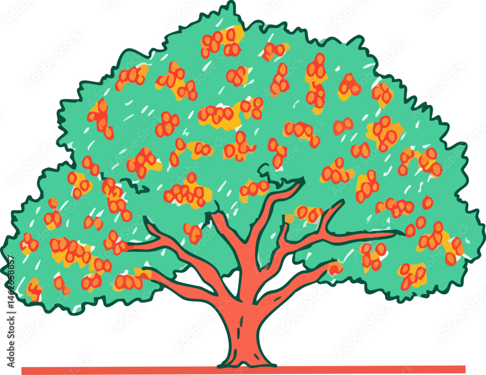 Fototapeta premium Vibrant Illustration of an Argan Tree Loaded with Fruit, Celebrating the Richness of Nature in a Flat Vector Style for Artistic and Educational Uses