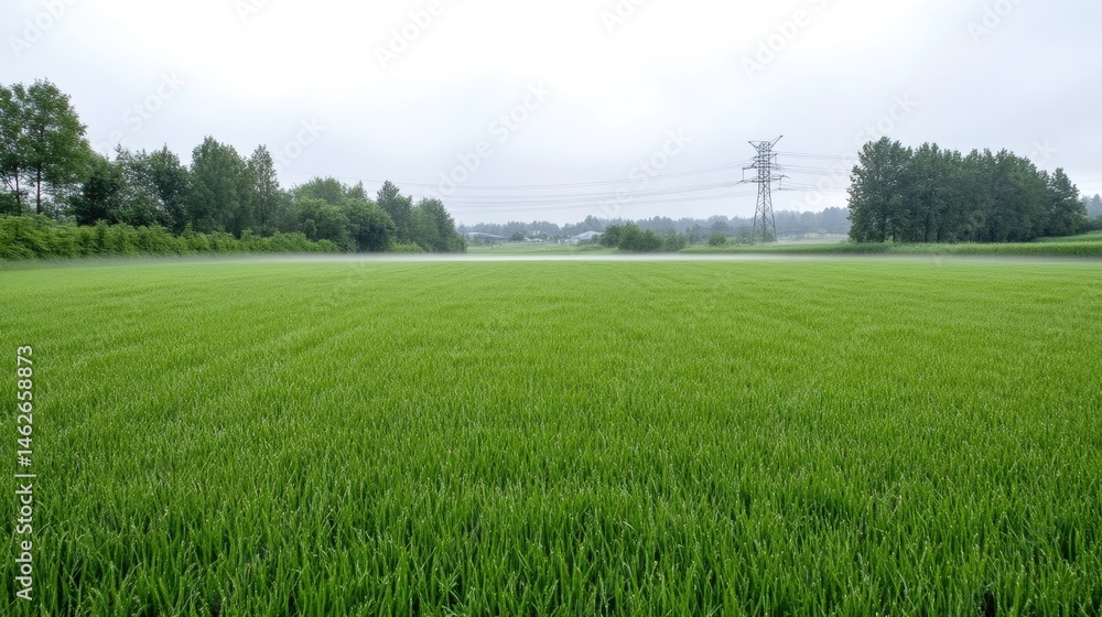 Fototapeta premium Vast Rice Paddy Field Distant Trees Naturalistic Style High-resolution Soft Lighting Wide Angle View Lush Green Texture Peaceful Serenity Rural Landscape Serene Greens Agricultural Stock Photography