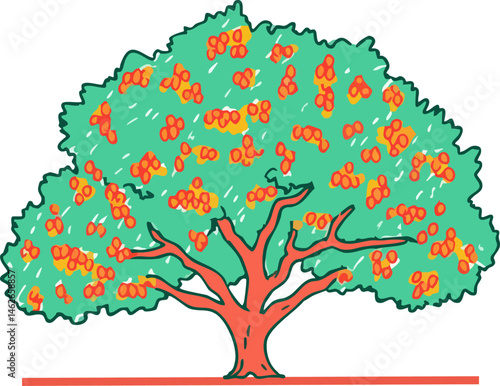 Vibrant Illustration of an Argan Tree Loaded with Fruit, Celebrating the Richness of Nature in a Flat Vector Style for Artistic and Educational Uses