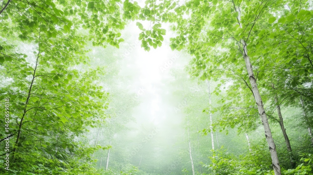 Obraz premium Forest Canopy Lush Greenery Soft Light High-Resolution Upward Wide Shot Vibrant Leaves Peaceful Scene Natures Serenity Misty Atmosphere Bright Green Calming Ideal for Eco-Tourism Ads