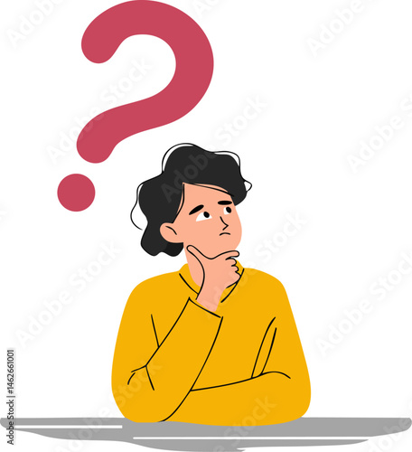 Contemplative Curiosity: Flat Vector Illustration of a Thoughtful Person in Bright Yellow with an Oversized Red Question Mark Symbolizing Doubt and Inquiry