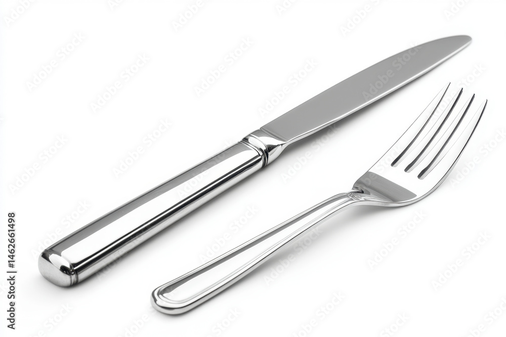 Knife and fork placed neatly on white background, simple yet elegant dining setup. Knife and fork placed neatly on white background, simple yet elegant dining setup.