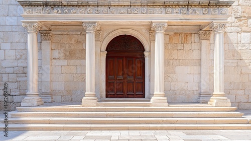 Classic stone building entrance with wooden door and columns