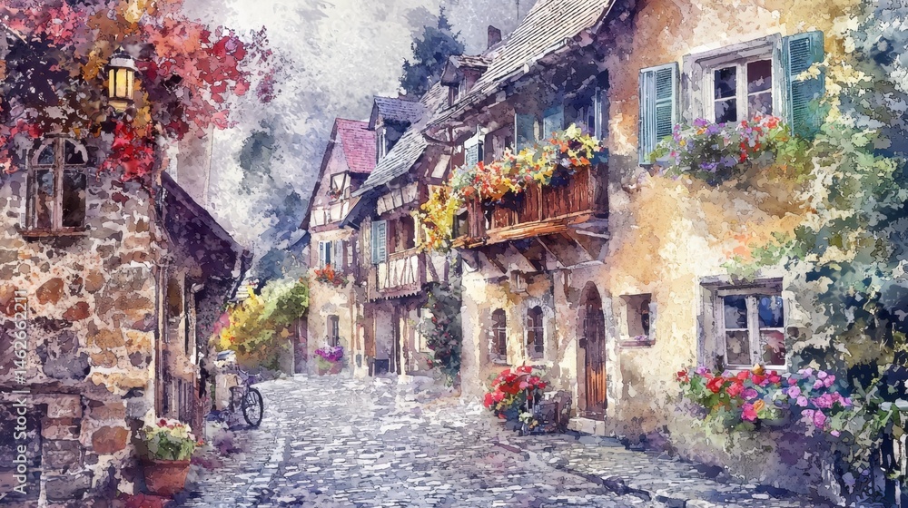 Fototapeta premium In a quaint village, a cobblestone street is lined with traditional houses adorned with vibrant flower boxes. A bicycle rests against a wall, enhancing the peaceful atmosphere