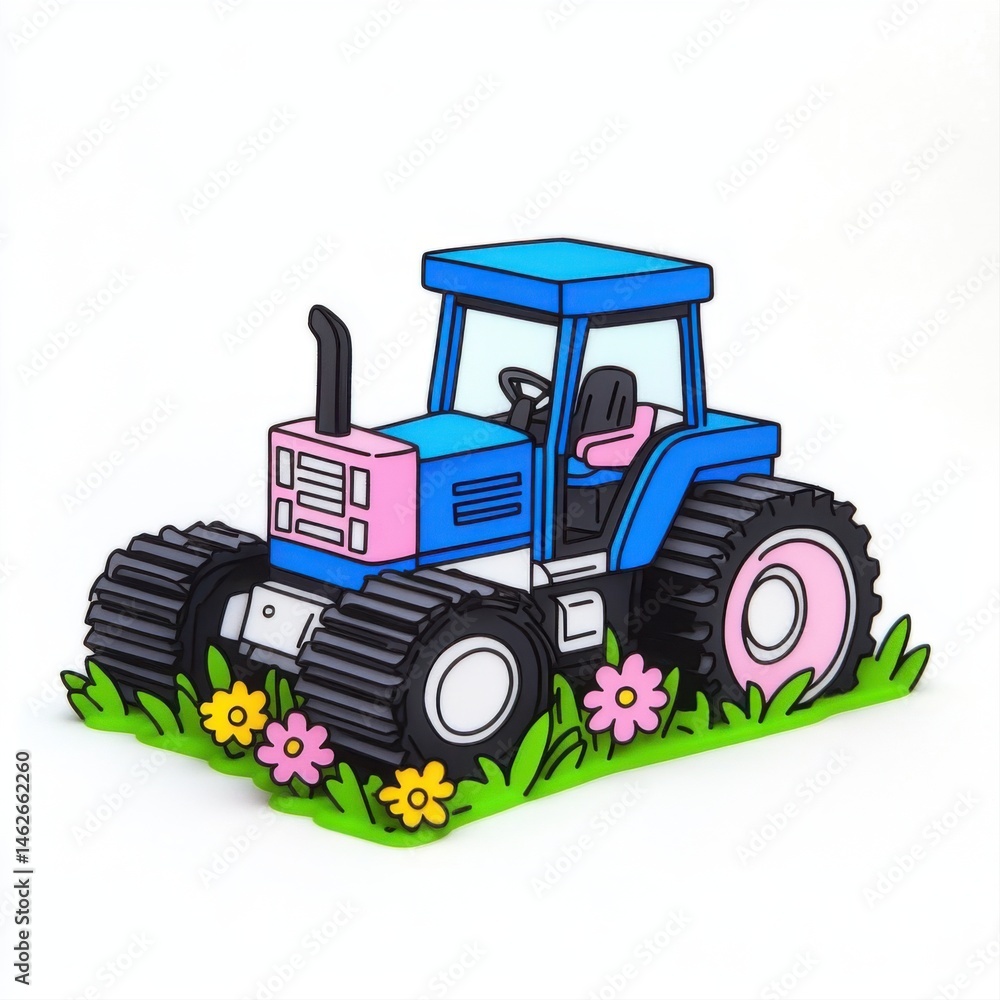 Colorful Cartoon Tractor in a Floral Landscape for Children’s Design Use