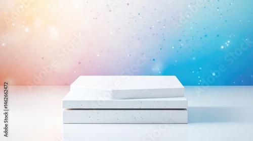 Empty white display podium, soft pastel background